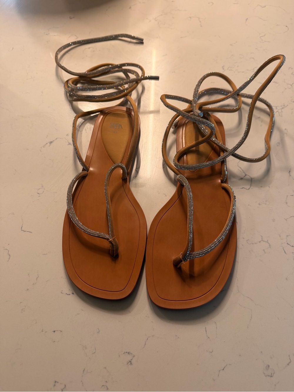 Zara Tan Leather Lace-Up Sandals with Silver Reinstones Strap